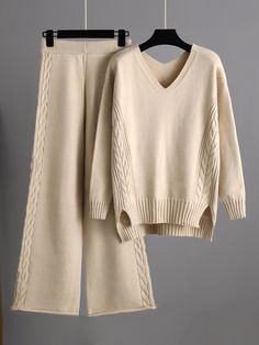 Stylish Loose Long Sleeves Solid Color V-Neck Sweater Tops &  Wide Leg Pants Two Pieces Set KHAKI-One_size Wide Leg Pants Outfit, Knit Two Piece Set, Wide Leg Pant Suit, Tracksuit Outfit, Leg Pants Outfit, Pantalon Large, Loose Sweater, Sweater Set, Knit Set