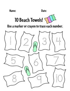 a printable worksheet for numbers to 10 with beach towels and flip flops