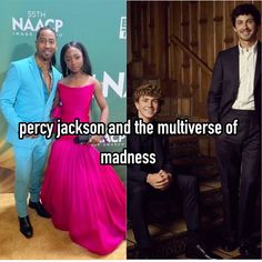 two people standing next to each other in front of a wooden wall and the words percy jackson and the multiverse of madness