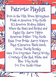 patriotic playlist written in blue and red ink