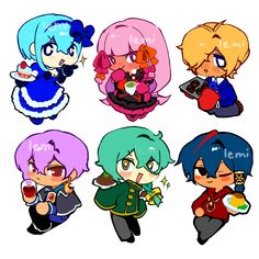 six anime characters with different colored hair and clothes, one is holding a cell phone