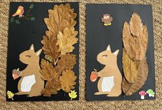 two cards with leaves and animals on them