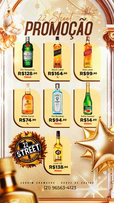 an advertisement for various types of alcohol on the side of a building with gold stars