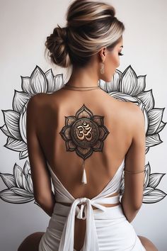 the back of a woman's body with an intricate tattoo design on her upper back