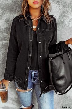 Katy Key - Casual Denim Shell Ripped Denim Jacket, Ripped Shirts, Denim Outfits, Distressed Jacket, Frayed Denim, Denim Blouse, Distressed Denim Jacket, Black Denim Jacket, Long Sleeves Coats