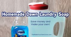 the homemade dawn laundry soap is next to a bottle of detergent on a wooden surface