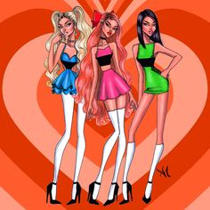 three barbie dolls standing next to each other in front of a heart