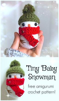 a crocheted snowman with a red scarf and green hat