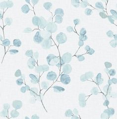 a white and blue wallpaper with leaves on it