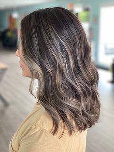 Mushroom Brown Partial Highlights, Brunette Gray Highlights, Brown Hair With Blended Blonde Highlights, Subtle Dimensional Brunette, Highlights On Short Hair, Curly Balayage Hair, Partial Balayage, Grey Blending, Ashy Hair