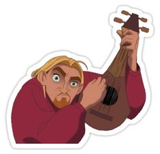 a cartoon character holding a ukulele in his right hand