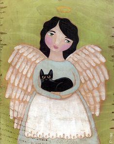 an angel holding a black cat in her arms