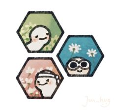 three hexagons with images of people and flowers in the middle one is wearing sunglasses