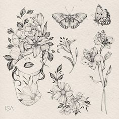 some flowers and butterflies on a white paper