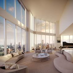 a living room filled with lots of furniture and large windows overlooking the cityscape