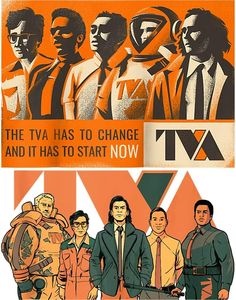 an orange and black poster with men in suits standing next to each other, the tv has to change and it has to start now