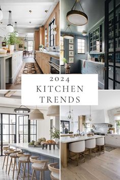 the kitchen and dining room are featured in this collage