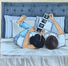 a drawing of two people laying in bed with their feet up on the headboard