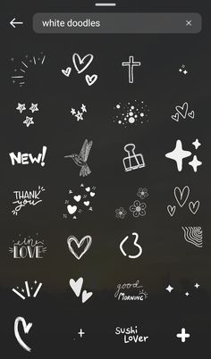 an iphone screen with white doodles and hearts on the bottom left side, and other symbols