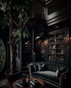 a living room filled with furniture and a tree