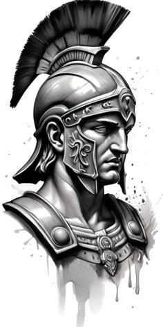 a drawing of a roman soldier with a helmet and feathers on it's head