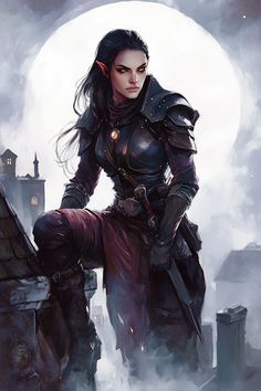 Nymerai Rhiastra stands tall and slender, her figure elegantly draped in dark leather armor laced with crimson accents. Her skin is a smooth shade of alabaster, contrasting sharply with her long, raven-black hair, which flows freely down her back. Her eyes are an unusual gold, glimmering like polished coins. A slender dagger is sheathed at her thigh, its handle wrapped in deep burgundy fabric, and... Rogue Dnd, Elf Rogue, Black Cloak, D D Character Ideas, Burgundy Fabric, Forgotten Realms, Gym Leaders, Leather Armor