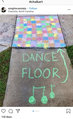 chalk drawing on sidewalk with words dance floor 17 written in green and pink squares, surrounded by crayons