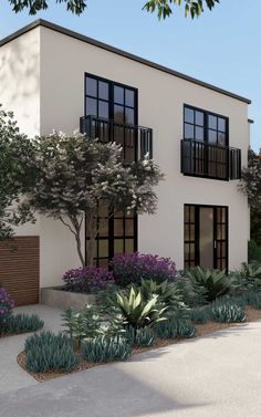 an artist's rendering of a two story house with plants and shrubs in front