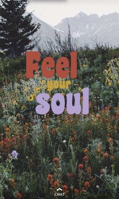 a field full of flowers and trees with the words feel your soul written on it