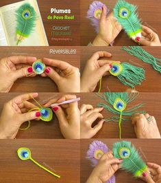 how to make a crochet peacock feather pincush with yarn and pom - poms