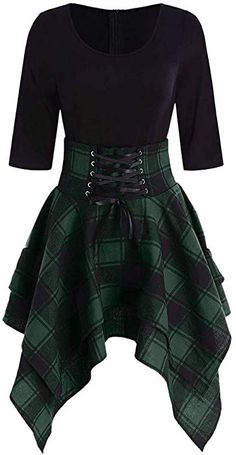 CharMma Women's Half Sleeve Round Collar Plaid Lace Up Asymmetrical Mini Dress (Multi, M) at Amazon Women’s Clothing store: Stile Harry Potter, Gothic Dress, Kids Swimwear, Style Dresses, Green And Black, Plaid Dress, Sleeves Pattern, Tartan Plaid, Asymmetrical Dress