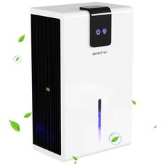 a white and black air purificater with green leaves around it on a white background