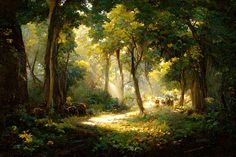 a painting of sunlight shining through the trees into a forest with cows grazing in the distance