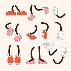 an image of cartoon feet and shoes with different expressions on them, all in orange and pink