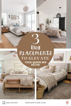 Are you confused about how to place your rug or what rug size for queen bed you should choose for your bedroom decor? Here we've collected 3 queen bed rug placements that will help you create a seamless bedroom interior. Additionally, we have concluded a rug size guide for bedroom together with their placements. Don't struggle with whether you should put bedroom rugs under bed, find the best bedroom rug placements now! Additionally, a collection of neutral rugs, vintage rugs, farmhouse rugs. Rug Placement For Bed Against Wall, Bedroom With Rug Under Bed