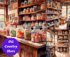 an old country store with jars full of food