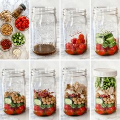 six images show different types of food in jars, including tomatoes, cucumbers and beans