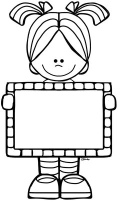 a black and white drawing of a girl holding a sign