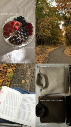 an open book sitting on top of a wooden table next to a plate of fruit