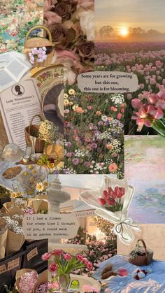 the collage shows flowers, books and other things