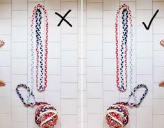 two pictures of the same toilet with ribbons attached to it's sides, and one has an x on its head