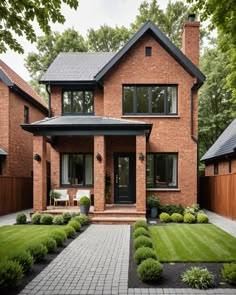 a large brick house with landscaping in the front yard