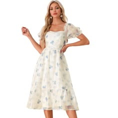 The "Allegra K Women's Floral Organza Square Neck Puff Short Sleeve Midi Dress" is a stunning and eye-catching piece of clothing that is perfect for the summer season. The dress boasts several design elements that make it stand out from the crowd. The beautiful floral print is sure to turn heads, while the puff sleeves add a touch of elegance and sophistication. The dress is lined for added comfort, and the elastic cuffs ensure a snug fit. The smocked back provides a flattering silhouette, and t Puffy Sleeve Dress Casual, Dress Midi Casual, Floral Organza Dress, Organza Midi Dress, Dresses Beige, Short Sleeve Midi Dress, Flowy Mini Dress, Floral Chiffon Dress, Balloon Sleeve Dress