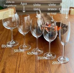 four wine glasses sitting on top of a wooden table