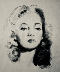 a pencil drawing of a woman's face with her hair blowing in the wind