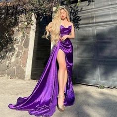 Violet Purple Prom Dresses, Purple Prom Looks, Purple Dresses Prom, Dark Purple Formal Dress, Royal Purple Prom Dress, Pleated Prom Dress, Prom Dress Purple, Prom Dress With Split, Satin Pattern