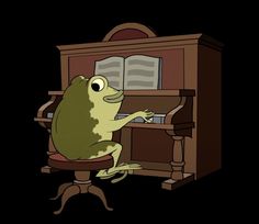 a frog is sitting at a piano and playing the music on it's own