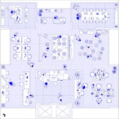 a blueprint drawing of a living room and dining area with couches, tables, chairs