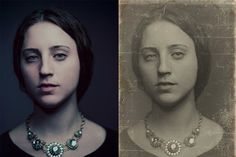 two pictures of women with necklaces on them