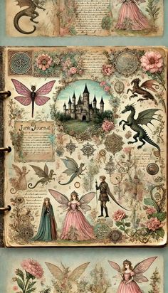 an old book with fairy images and pictures on the pages, all in different colors